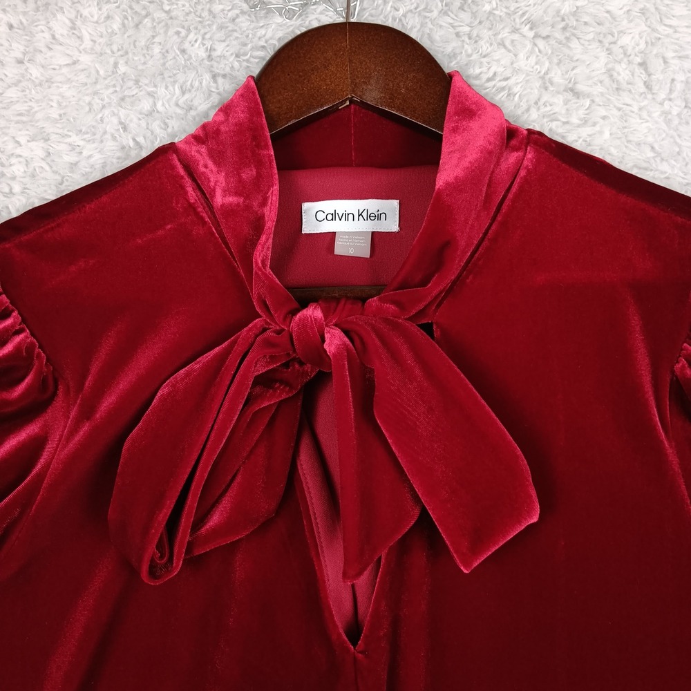 Calvin Klein Dress A-Line Woman 10 Red Velvet Tie Neck Puff Sleeve CD2V1B1E - Picture 8 of 11